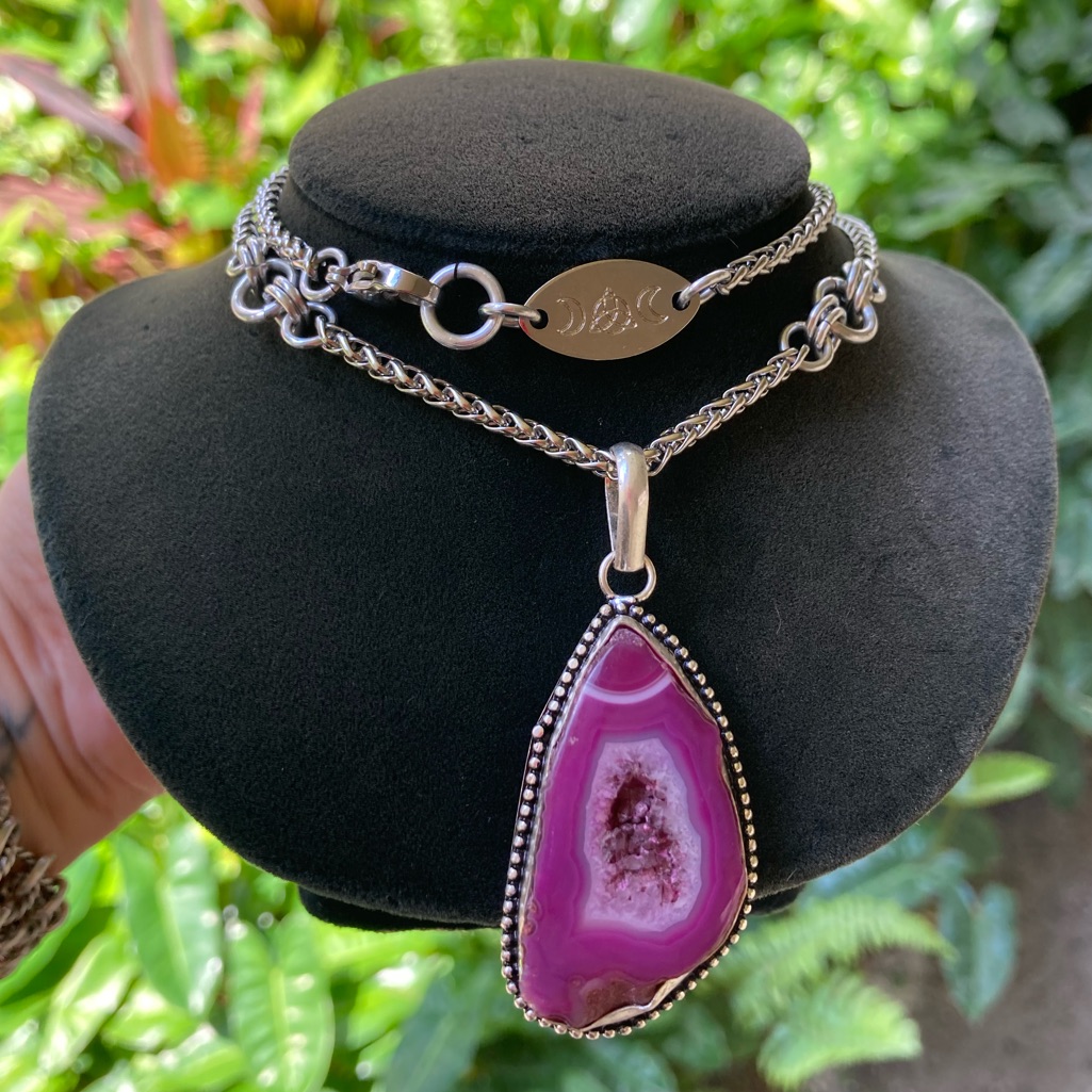 925 Sterling Silver Overlay Charm Pink Geode Agate Slice Gemstone Boho Necklace